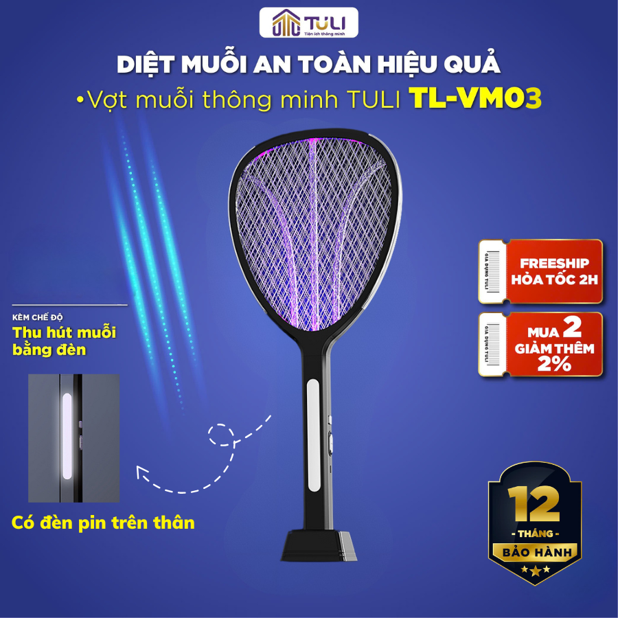 Vợt Muỗi Thông Minh TULI TL-VM01 - Thiết Bị Diệt Muỗi Hiệu Quả, Màu Đen, Pin Sạc