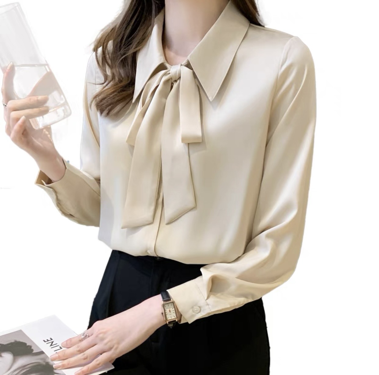 Áo Sơ Mi trung niên nữ U30 U40 U50Áo Sơ Mi Nữ Đẹp Tay Dài Cổ Thắt Nơ Chất Lụa Cao Cấp HT_ Thời Trang