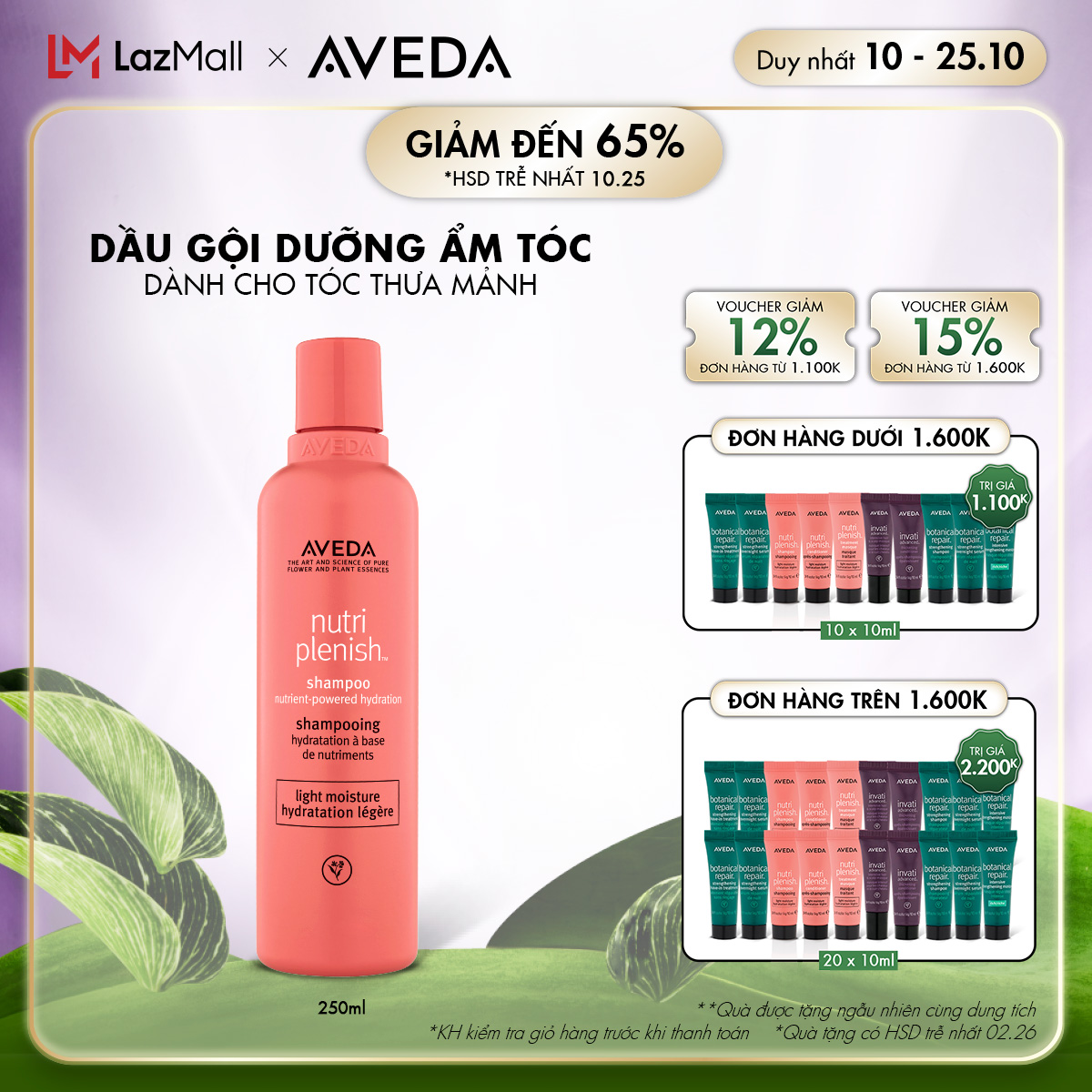 [GIẢM ĐẾN 50%] Dầu gội dưỡng ẩm Aveda Nutriplenish™ Shampoo Light Moisture - Dành cho tóc thưa mảnh 