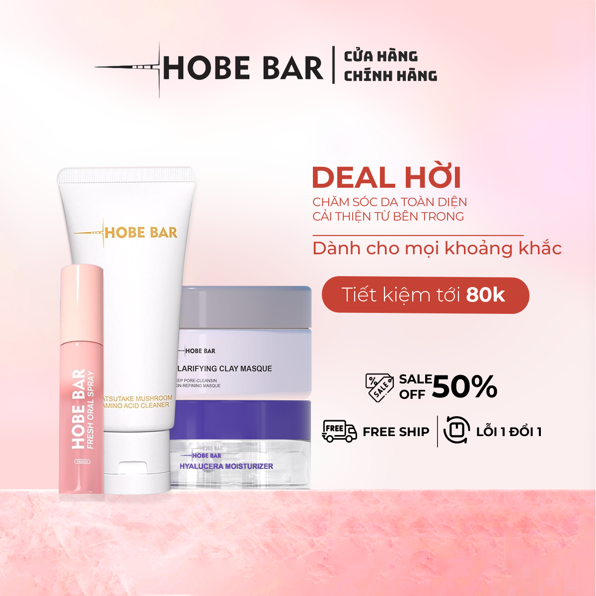 [Deal Hời] Combo đặc biệt HOBEBAR sữa rửa mặt + mặt nạ đất sét + kem dưỡng ẩm + xịt thơm miệng combo