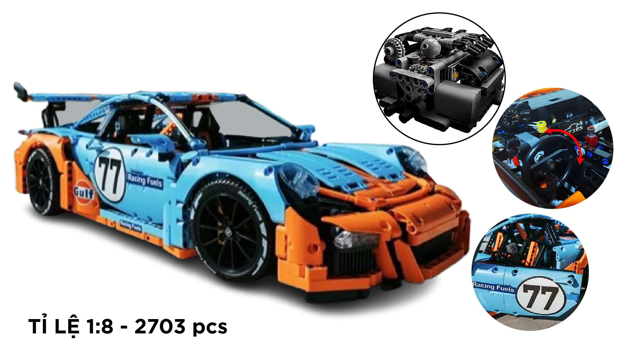 Mô hình xe ô tô lắp ghép Porsche 911 Gt3 RS Gulf racing 2703 pcs tỉ lệ 1:8 non lego LG025