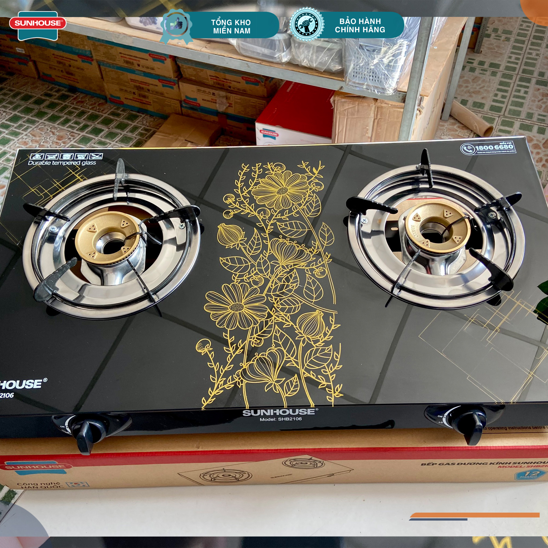 SUNHOUSE SHD2106 Bếp gas đôi dương kính  Black Glass -Đầu đốt đồng