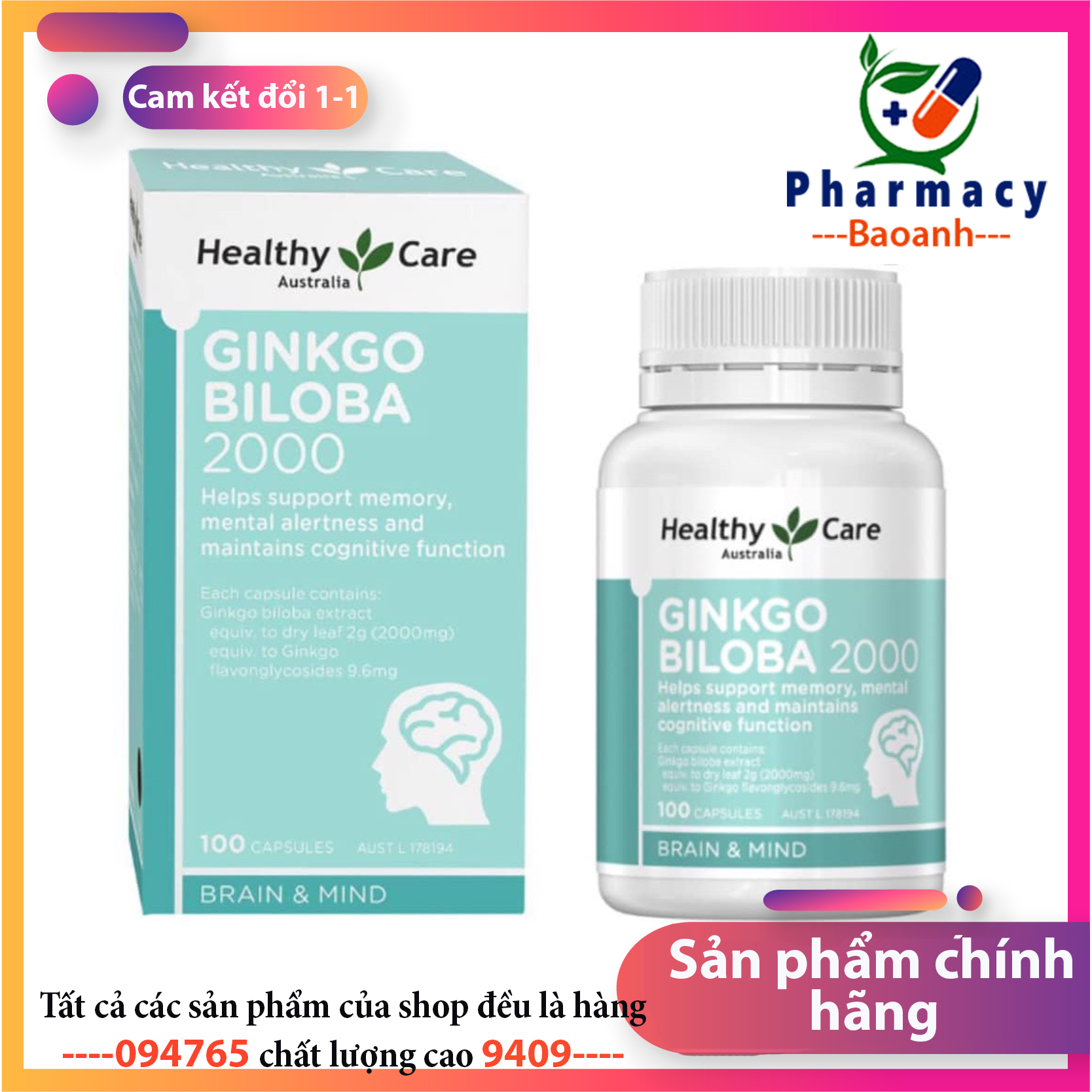 Viên Bổ Não Healthy Care Ginkgo Biloba 2000 Của Úc Lọ 100 Viên - Giúp Tăng Cường Tuần Hoàn Máu Lên Não Giảm Đau Đầu