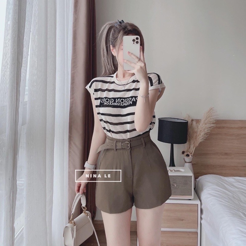Áo Thun Nữ Ngắn Tay In Logo Cực Đẹp P312 / Áo CROPTOP Thun Gân Tay Phồng Sọc Ngang Cực Xinh