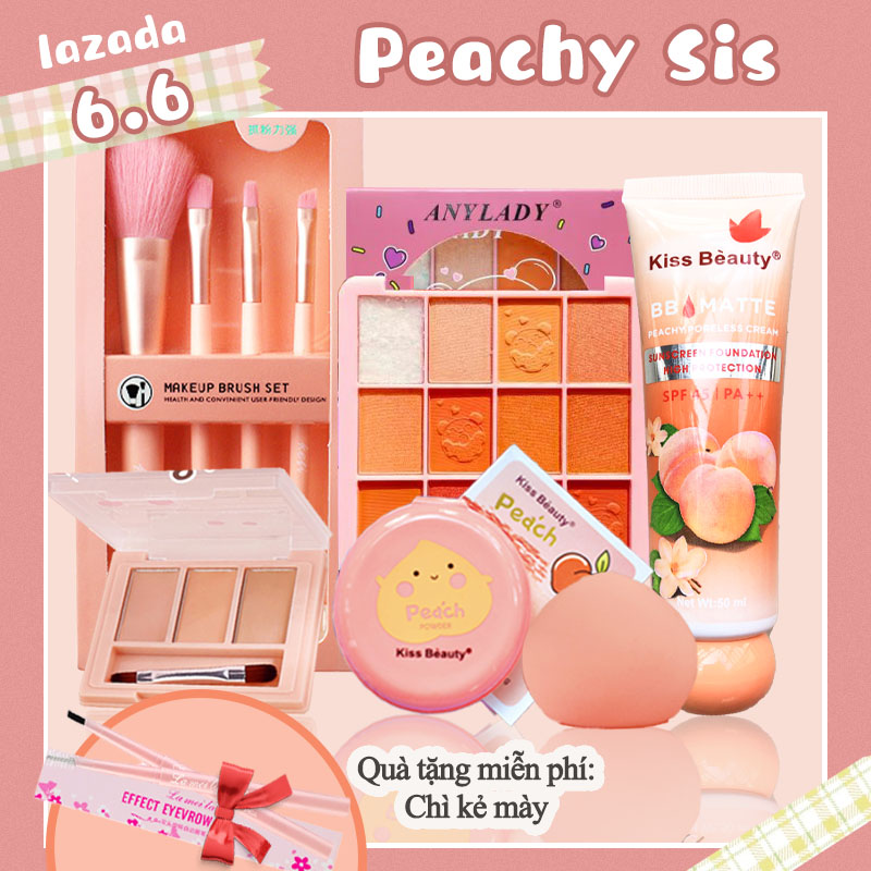 [HCM][Peachy Sis] Bộ trang điểm tiện lợi 6 món từ a đến z bộ makeup đầy đủ set trang điểm chuyên nghiệp Cọ trang điểm+Phấn mắt + Kem nền+Phấn trang điểm+Mút trang điểm+ kem che khuyết điểm 【1 Quà tặng miễn phí】