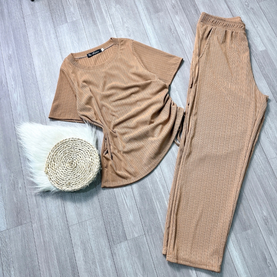 Set đồ bộ bigsize nữ áo thun basic cổ tròn tay ngắn kèm quần ống rộng dài chất vải thun gân SET62