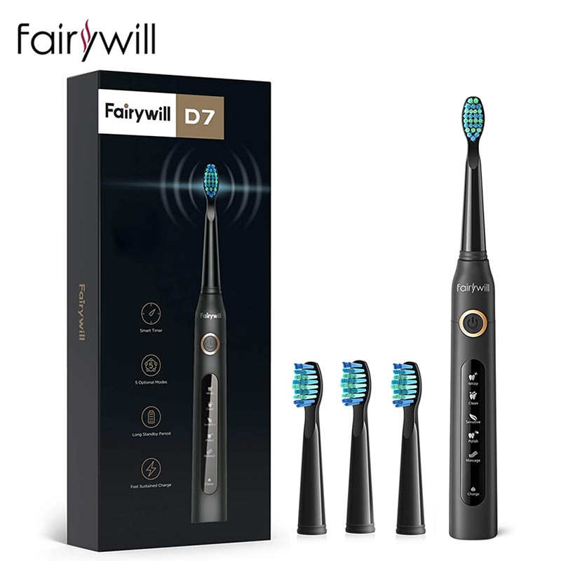 Bàn chải điện Fairywill D7 - Màu đen, 5 chế độ làm sạch, chống nước IPX7