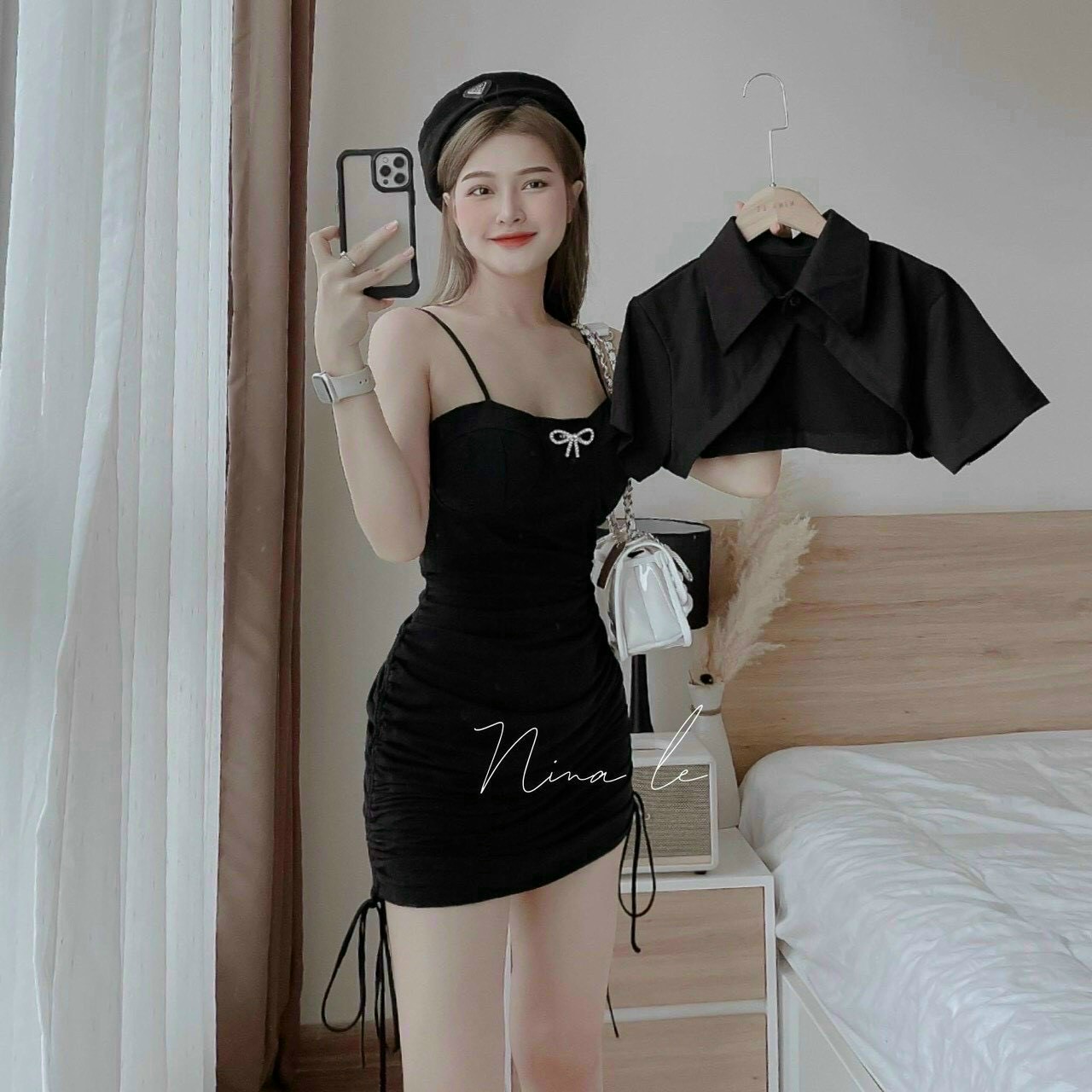 Set đầm đen body ôm cúp ngực kèm khoác sơ mi sang trọng Set đầm đen 2 dây body cực tôn dáng kèm khoá