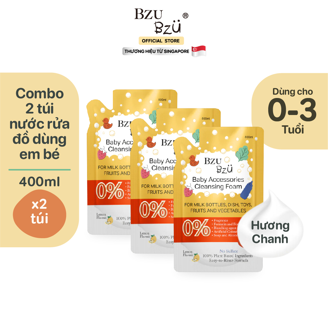 Combo 3 Túi nước rửa bình em bé thuần chay BZU BZU 400ml Không mùi / Hương Chanh