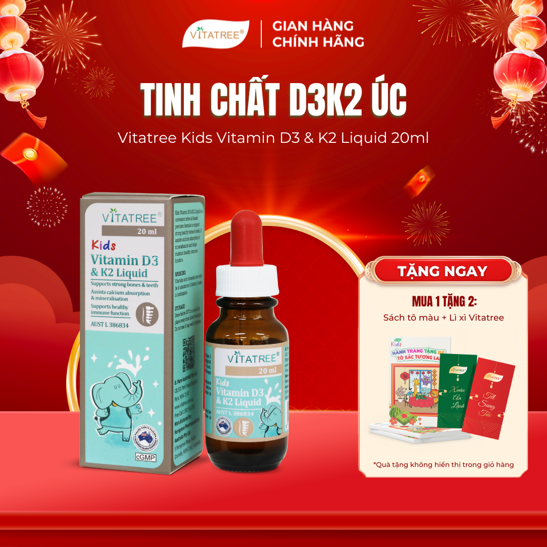 TPBVSK Vitatree Kids Vitamin D3 & K2 Liquid 20ml -  Tinh Chất D3K2 Hỗ Trợ Hấp Thu Canxi Cho Trẻ