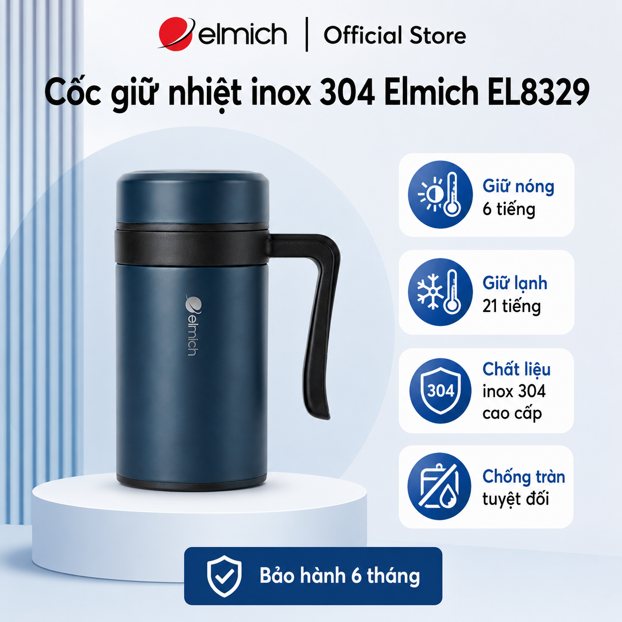 Cốc giữ nhiệt inox 304 Elmich EL8329 450ml, màu xanh navy, dung tích lớn, thiết kế tinh tế