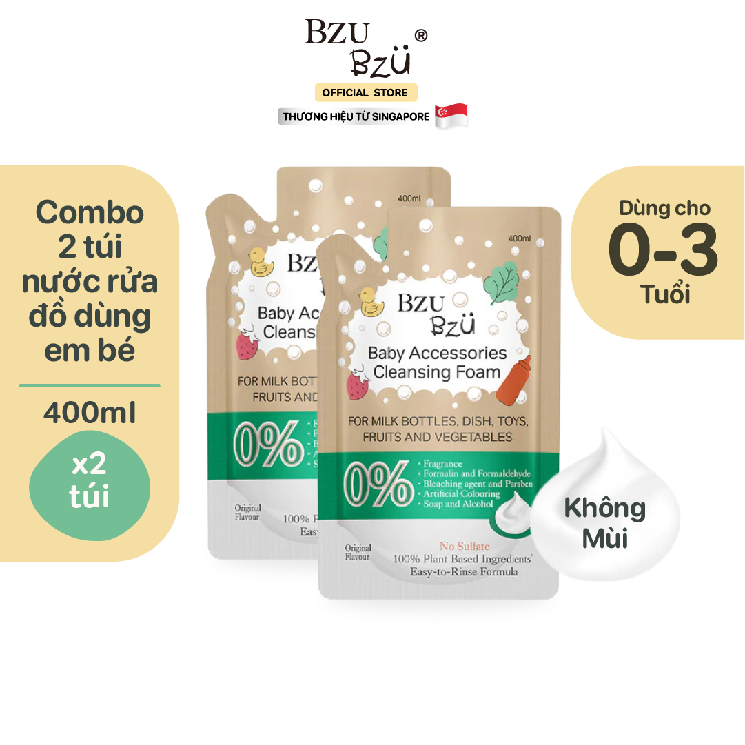 Combo 2 túi nước rửa bình & đồ dùng em bé thuần thực vật 400ml Bzu Bzu Combo 2 Baby Accessories Cleansing Foam 400ml