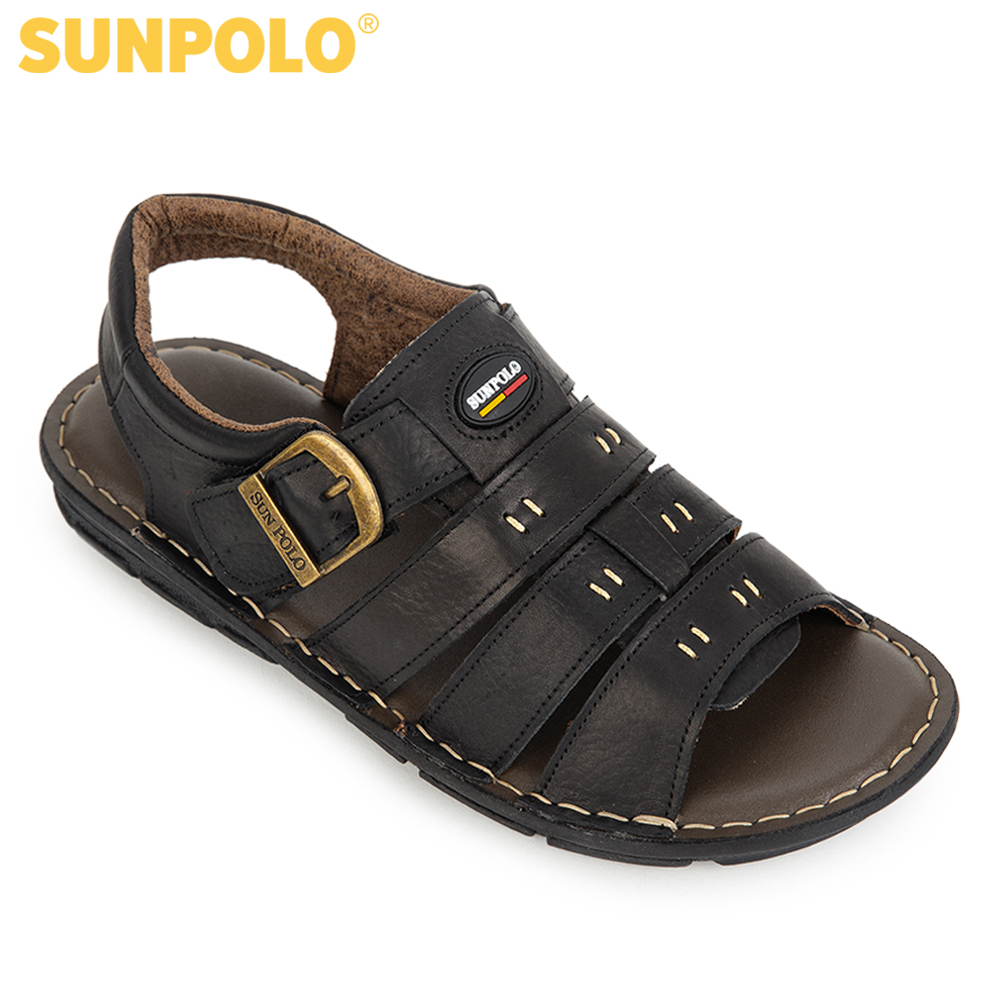 Sandal Quai Hậu Nam Da Bò Cao Cấp SUNPOLO SDA006 (Đen)