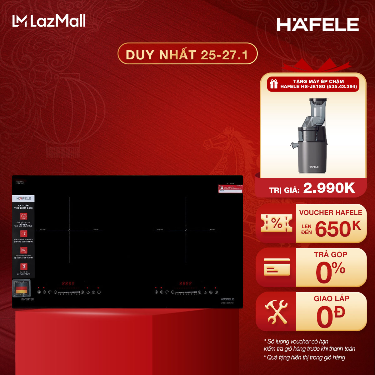 Bếp từ 2 vùng nấu Hafele HC-I7325B - Lắp âm, Kích thước 730x430mm, Màu đen