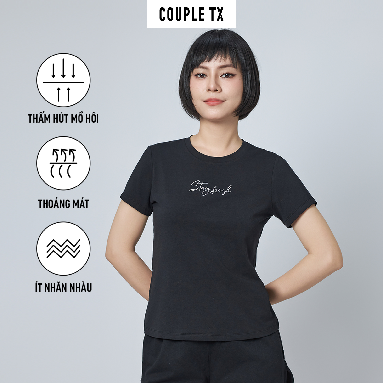 Áo Thun Nữ COUPLE TX - Áo Form Ôm Tay Ngắn Cổ Tròn Hình Modal Thêu Stay Fresh WTS 2366