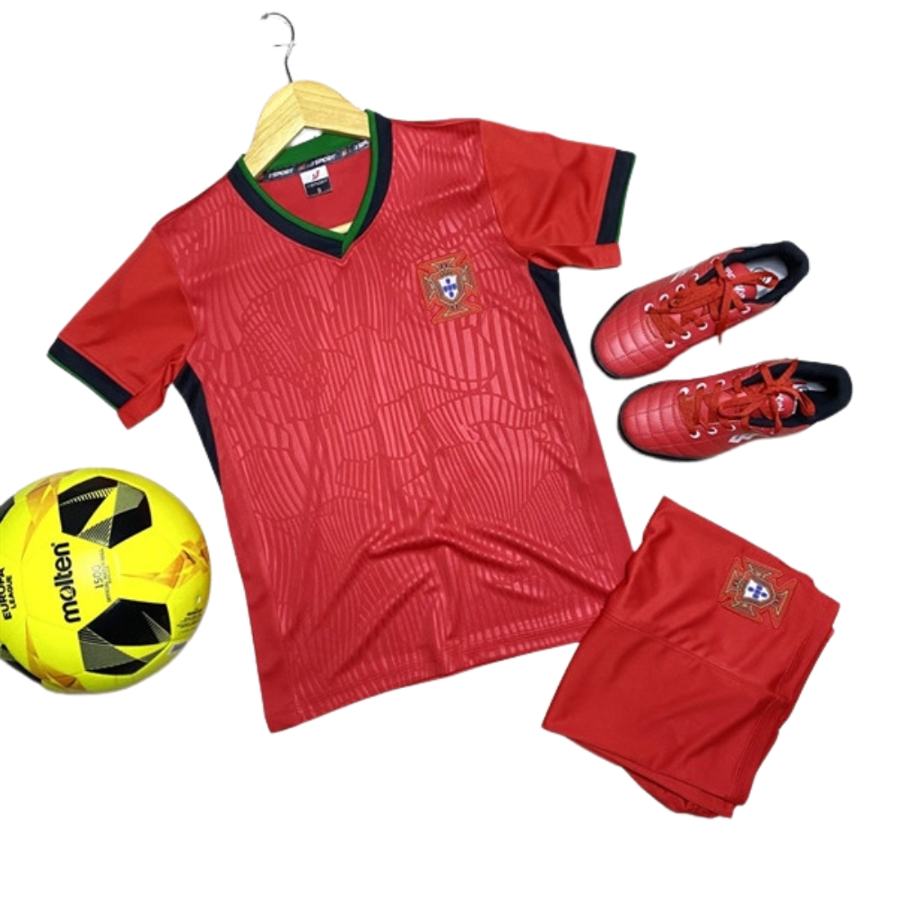 Quần áo bóng đá trẻ em Bồ Đào Nha Euro 2024 màu đỏ CÓ IN TÊN SỐ