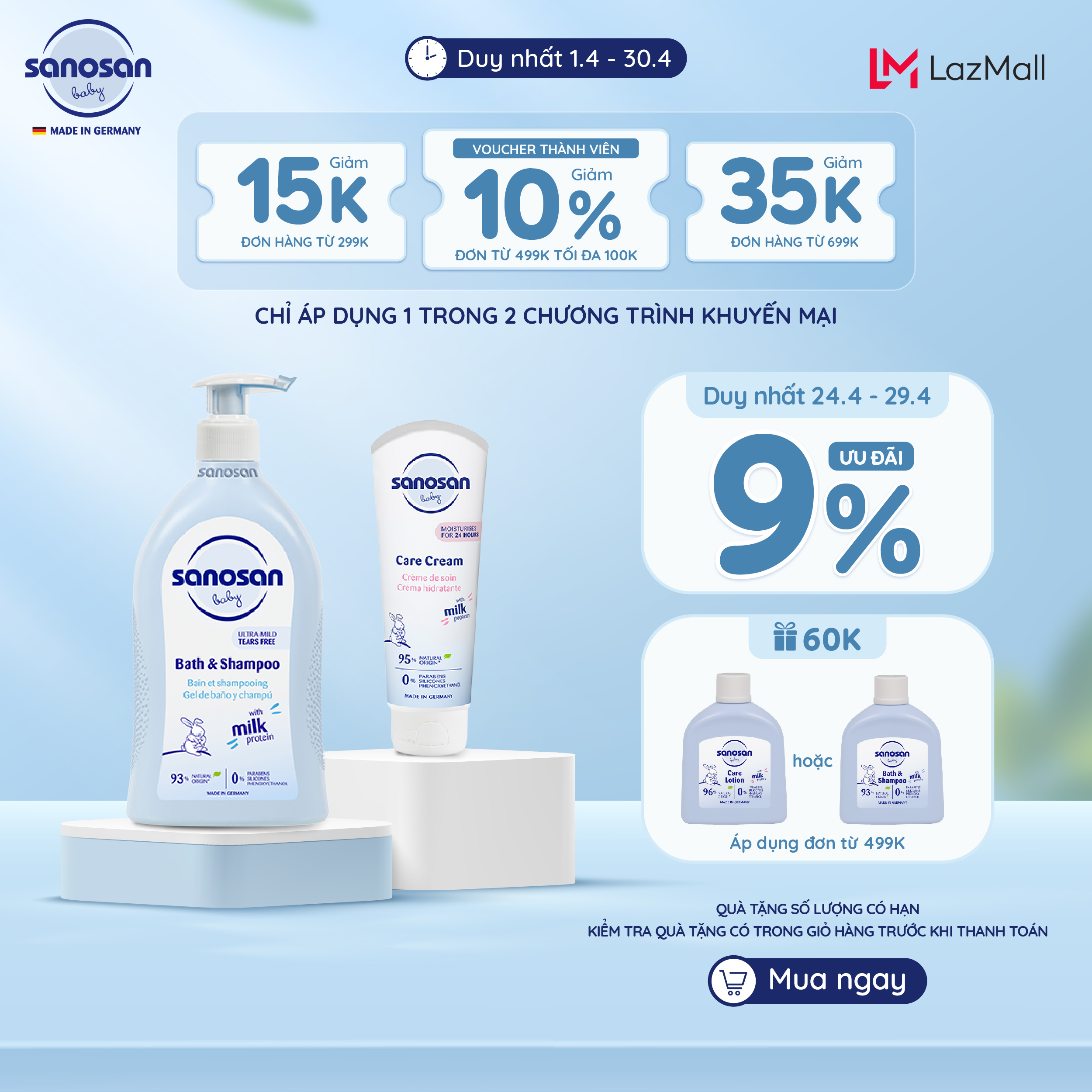 Combo 2  Sữa tắm gội Sanosan Baby bath and shampoo 500ml + Kem dưỡng ẩm Sanosan Baby care cream 100ml (HSD T06/2025)