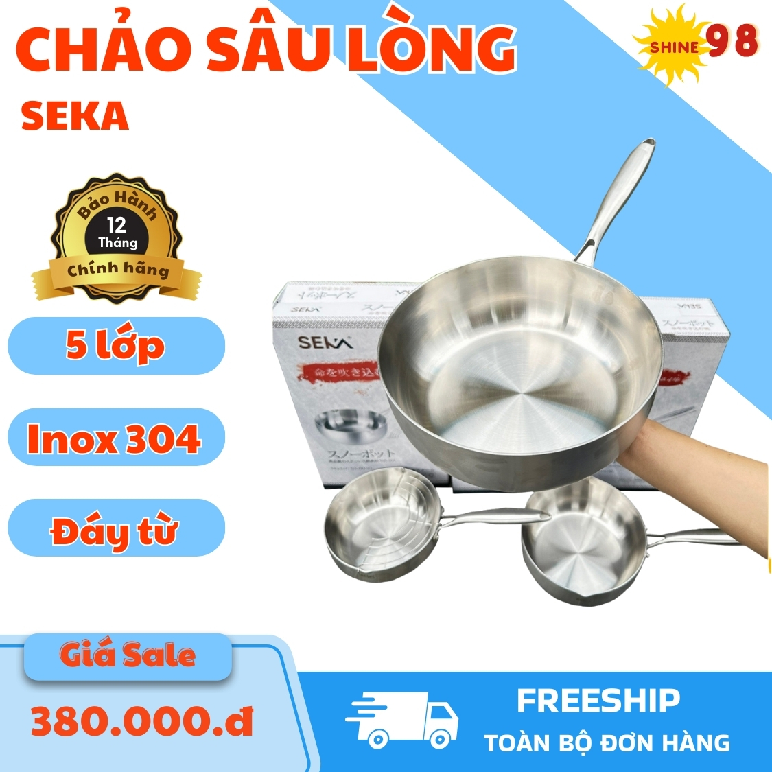 Chảo Inox Nguyên Khối - Chảo Inox Đúc Nguyên Khối SEKA Dùng Cho Mọi Loại Bếp 3 Size 22 24 26cm - Chả