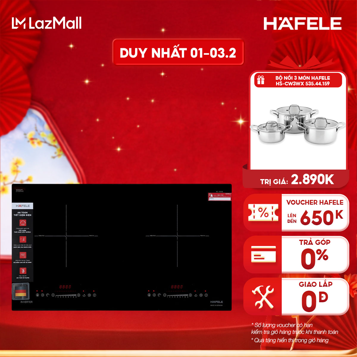 Bếp từ 2 vùng nấu Hafele HC-I7325B - Lắp âm, Kích thước 730x430mm, Màu đen