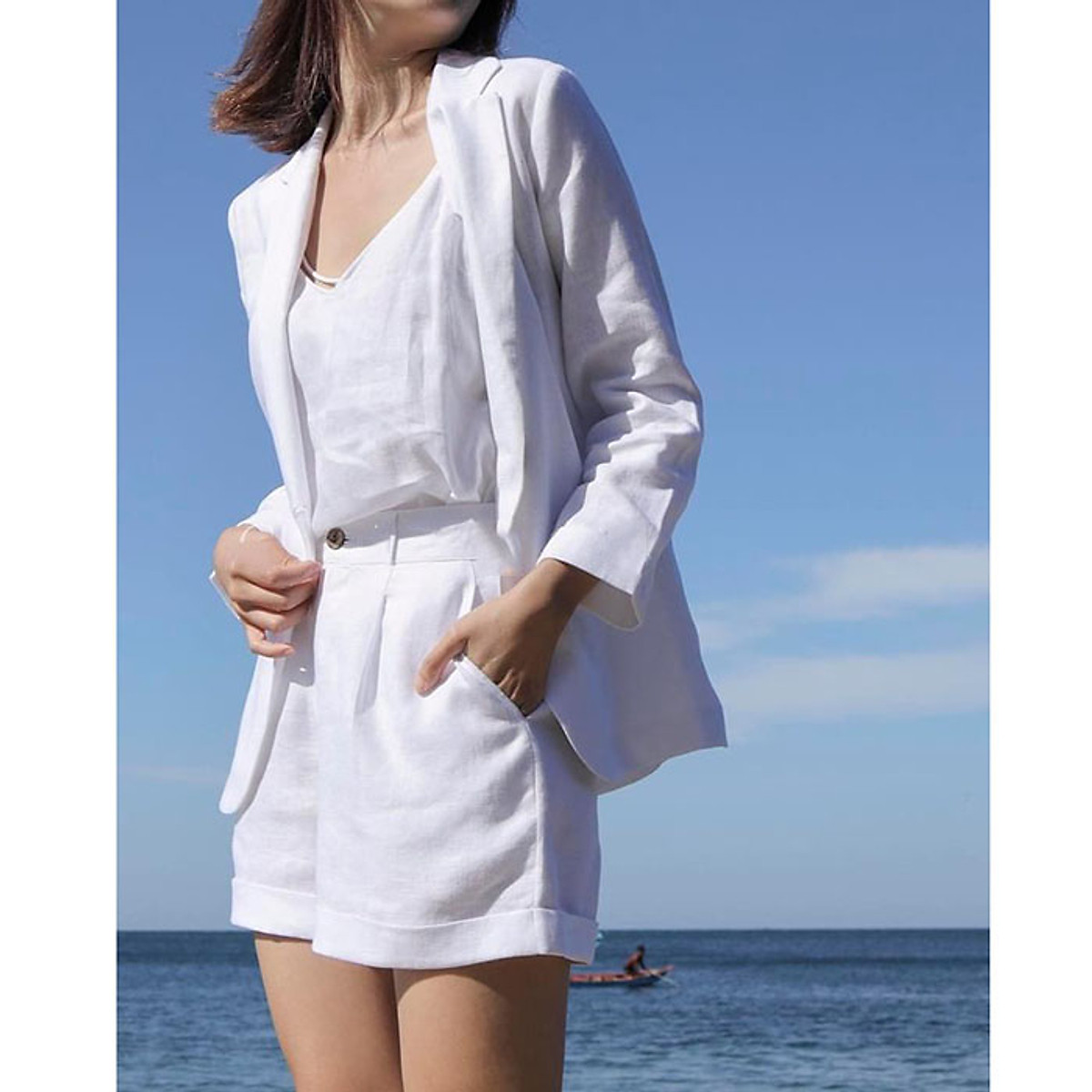 Áo vest blazer Linen nữ tay dài ve vuông túi bổ nắp trẻ trung chất vải Linen bột Premium (Trắng) có 9 màu lựa chọn