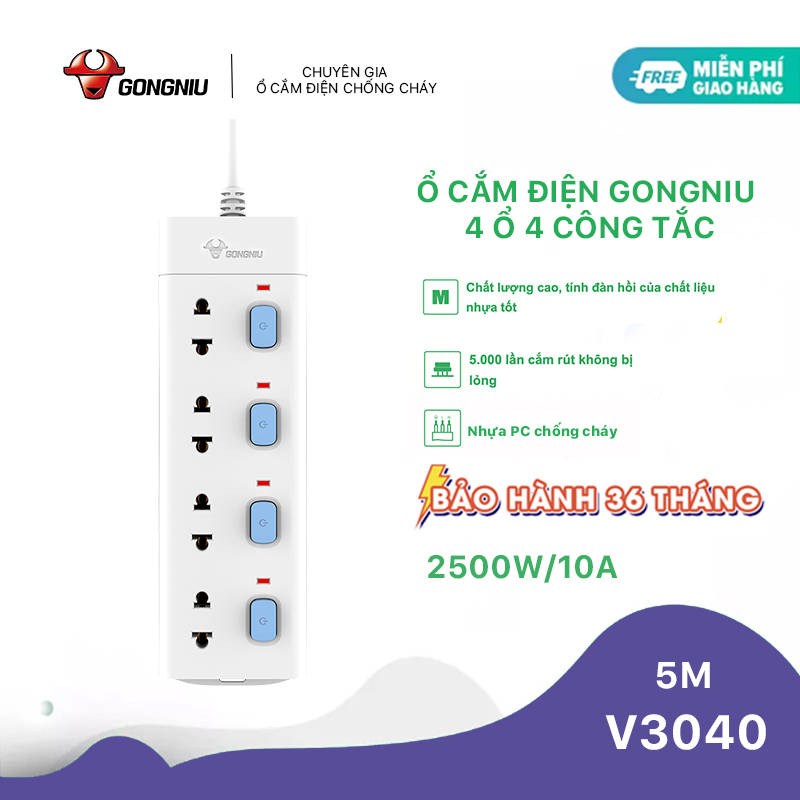 Ổ Cắm Điện Chống Cháy GONEO - Đa Năng 6 ổ 1 Công Tắc - Công Suất 10A/250/2500W - V1060 - Chính Hãng
