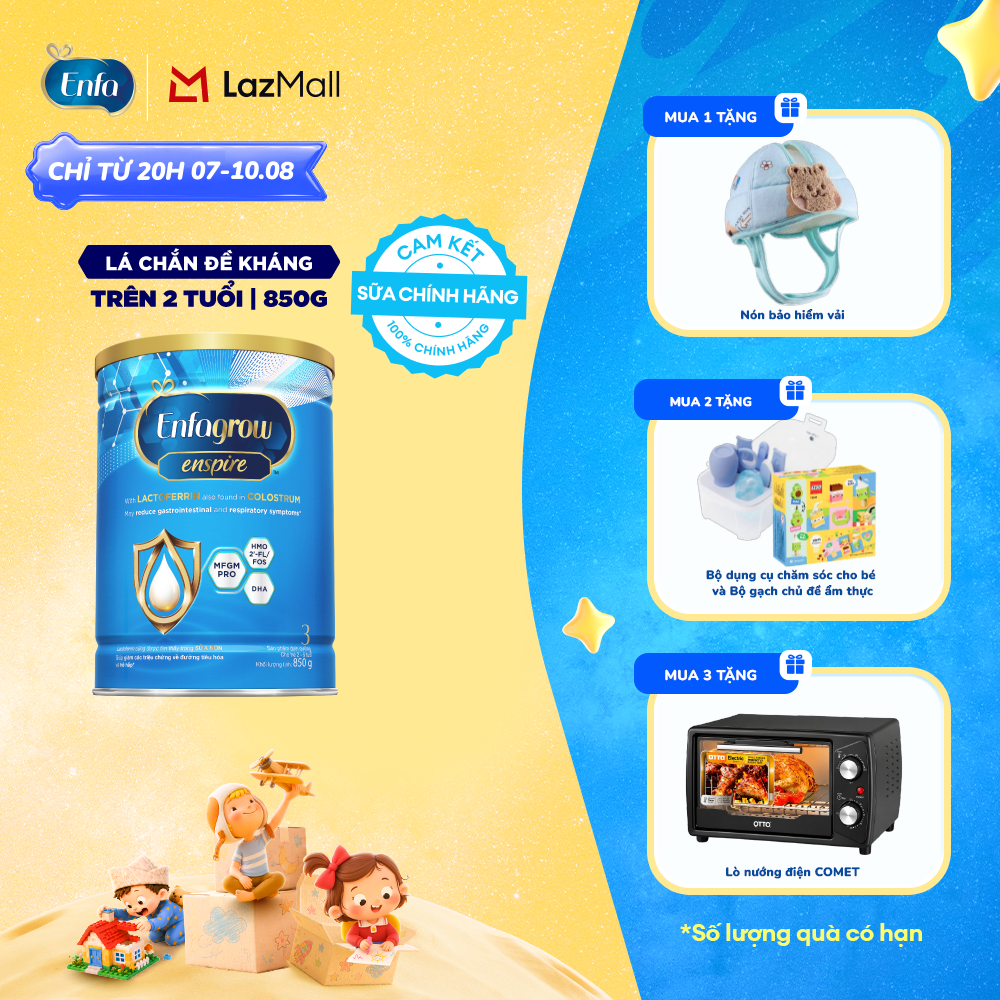 [CHỈ TỪ 20H 07/08-10/08 MUA LÀ CÓ QUÀ] Sữa bột Enfagrow Enspire 3 850g hỗ trợ đề kháng với Lactoferrin dành cho trẻ từ 2-6 tuổi