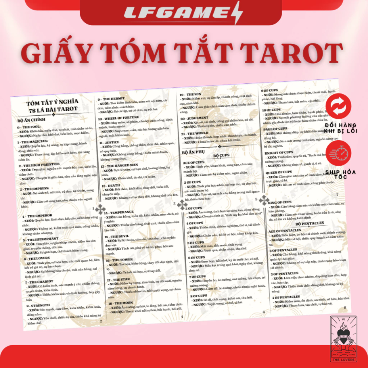 Tờ tóm tắt ý nghĩa Tarot 78 lá dành cho các bạn mới chơi Hướng dẫn cơ bản Bài tarot