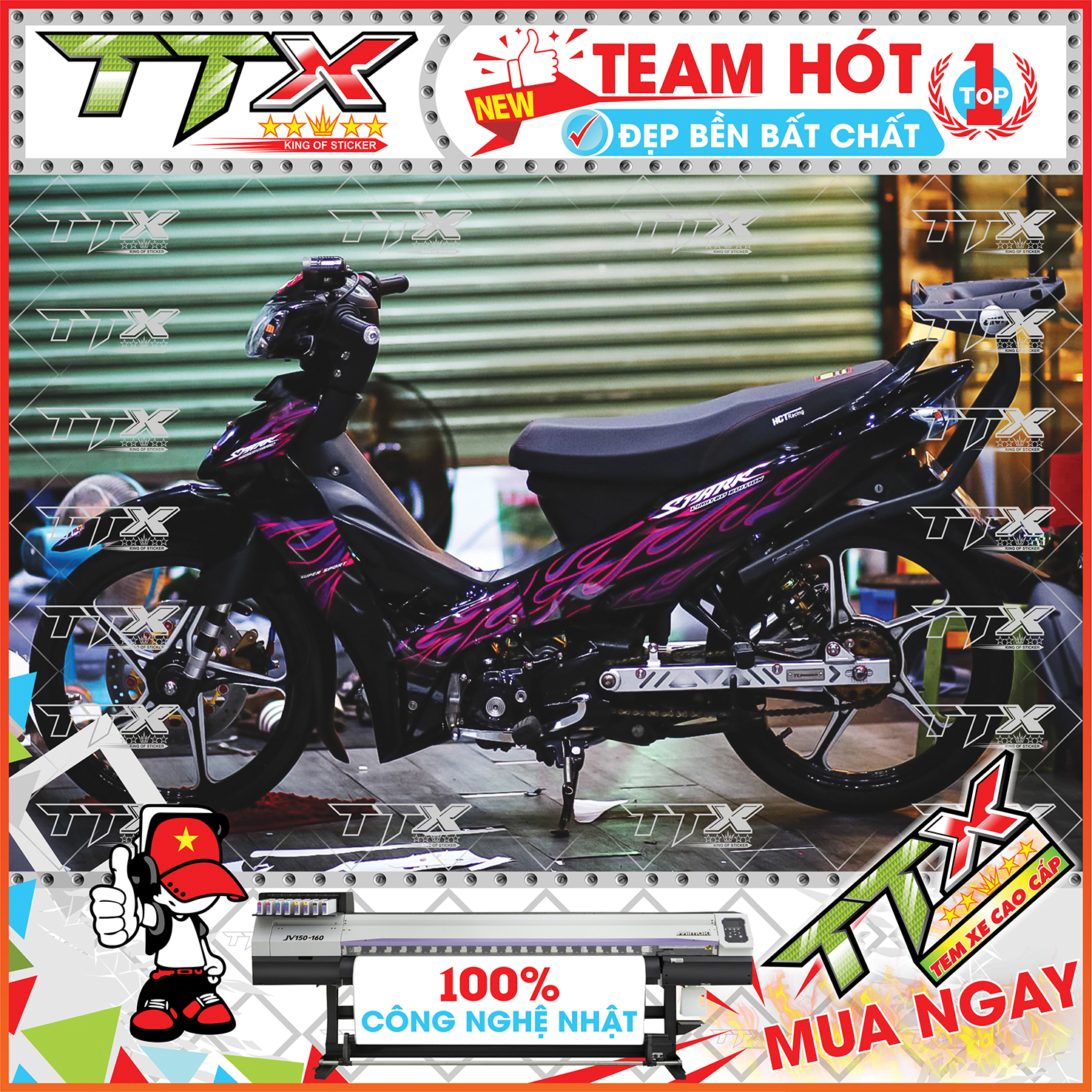 Tem Lửa Sirius 3 Lớp Màu Hồng Tím In 100% Công Nghệ Nhật Dán Xe Full Đen Đẹp Không Tì Vết