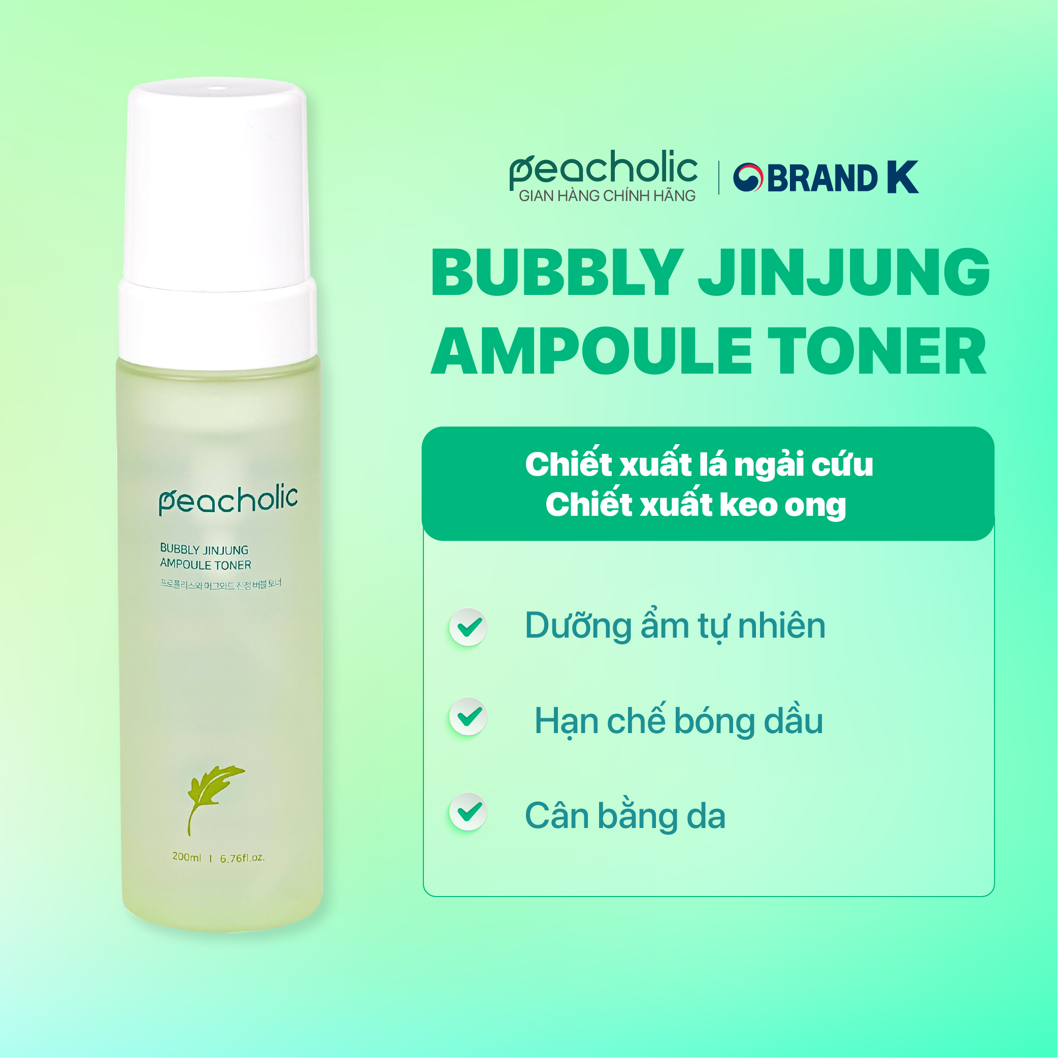 PEACHOLIC Nước cân bằng da chiết xuất keo ong và ngải cứu Bubbly Jinjung Ampoule Toner 200ml