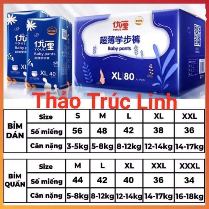 Tã Quần/dán youli Xanh đủ size Dán Quần M88 L84XL80XXL72XXXL68
