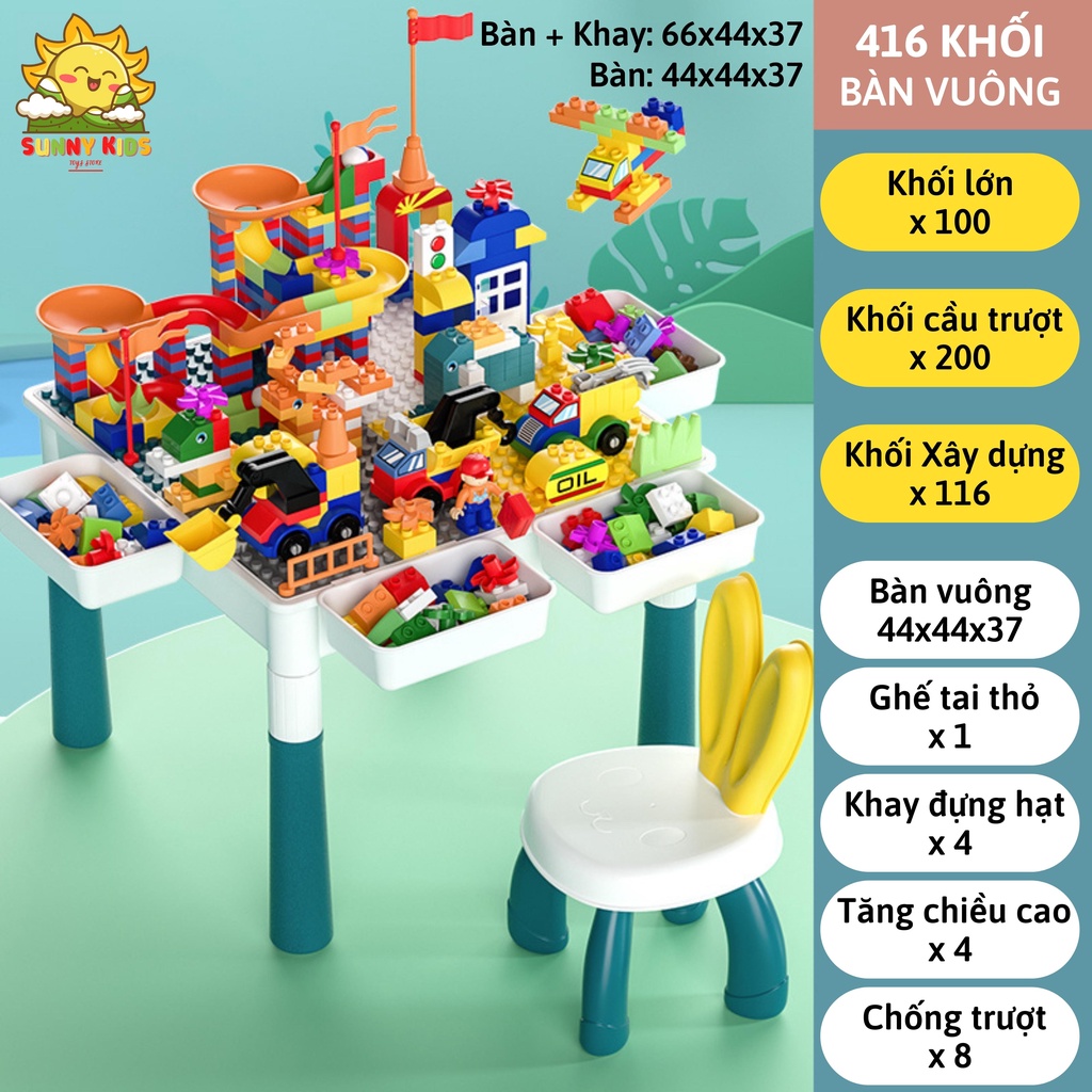 Bộ bàn xếp hình lego đa năng tặng kèm ghế tai thỏ kích thước bàn lớn đồ chơi lego thông minh cho bé - Sunny Kids