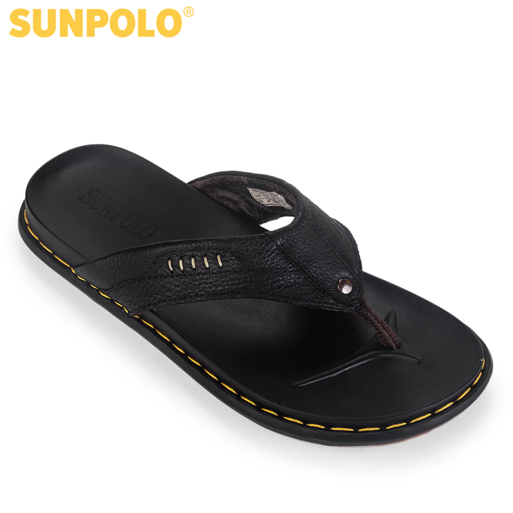 Dép kẹp nam da bò SUNPOLO KEP029 đế cao su phiên bản đen