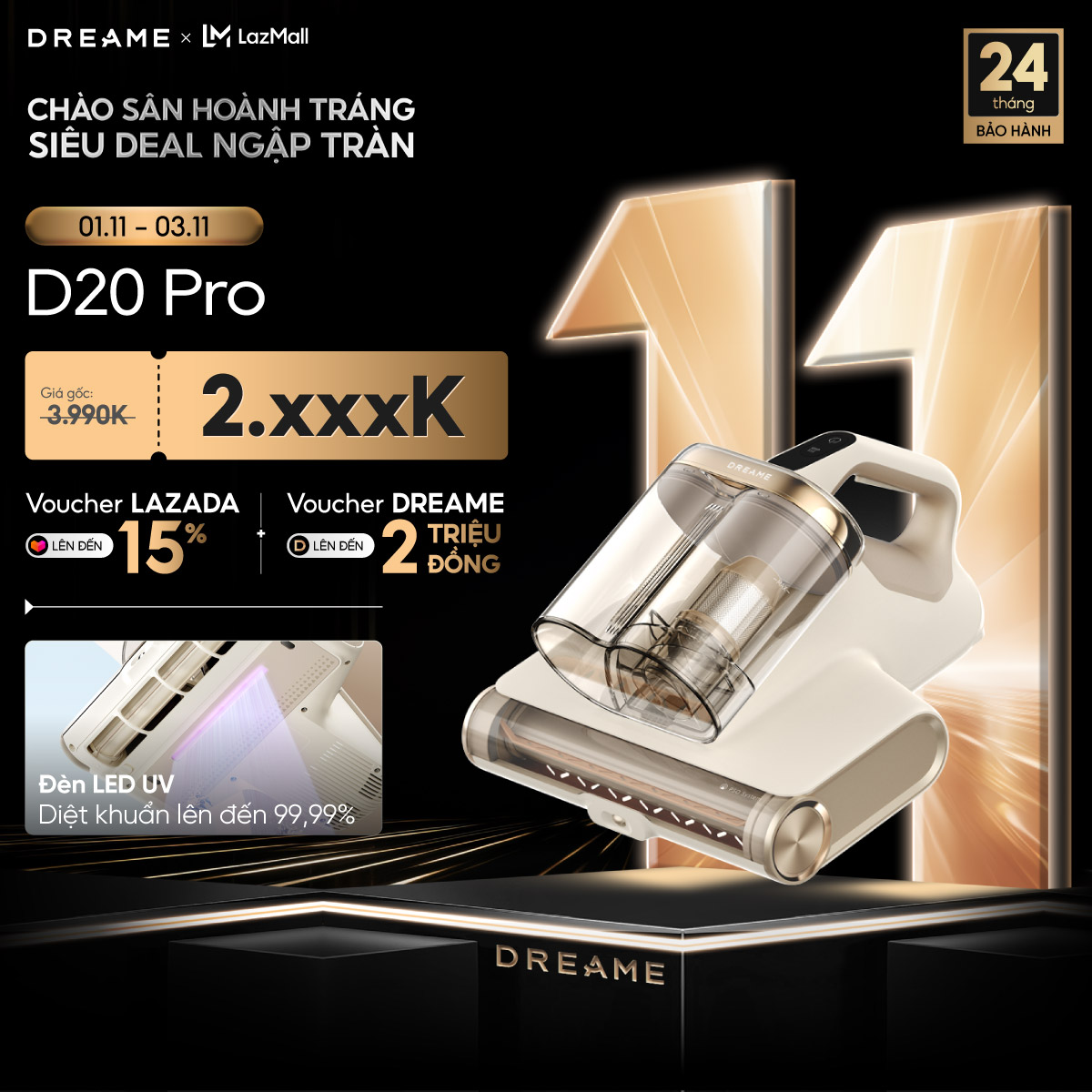 Máy hút bụi giường nệm diệt khuẩn UV lọc bụi mịn Dreame D20 Pro- Bản quốc tế - Bảo hành 24 tháng