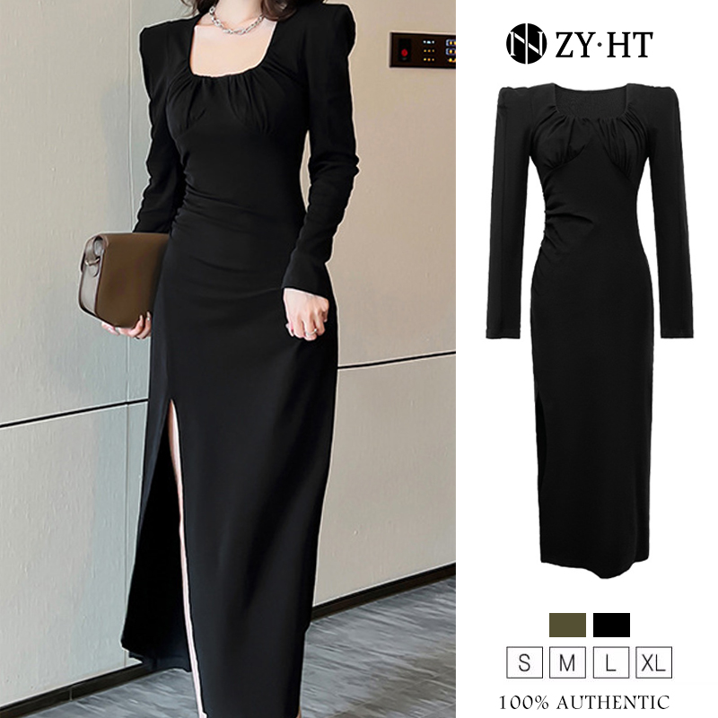 ZYHT eravogue đầm body nữ ôm body xẻ tà dài cổ áo vuông thiết kế xếp li chân váy dài hàn quốc 5961