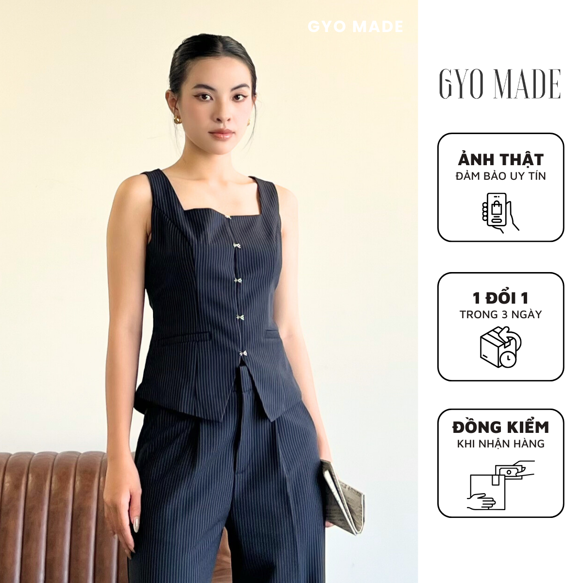 Áo gile xanh đen sọc nữ GYOMADE® phong cách Hàn Quốc sọc mảnh | GA047NB
