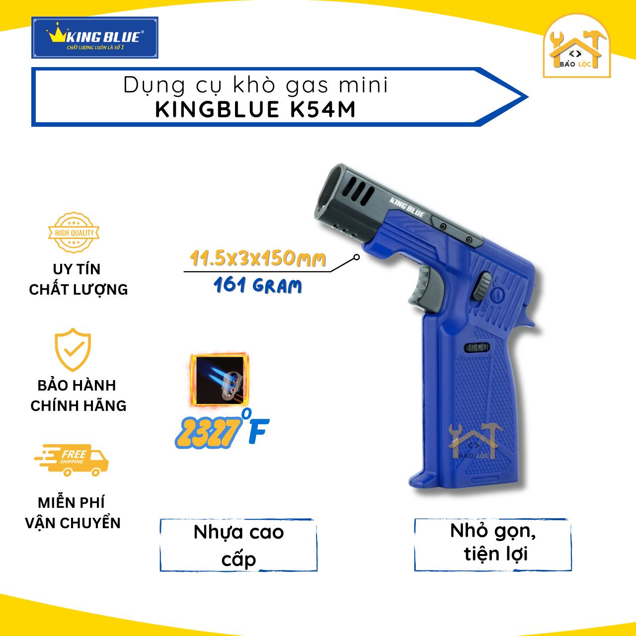 Dụng cụ khò gas mini K54M KingBlue chất liệu thép và nhựa gọn nhẹ tiện dụng an toàn khi sử dụng.