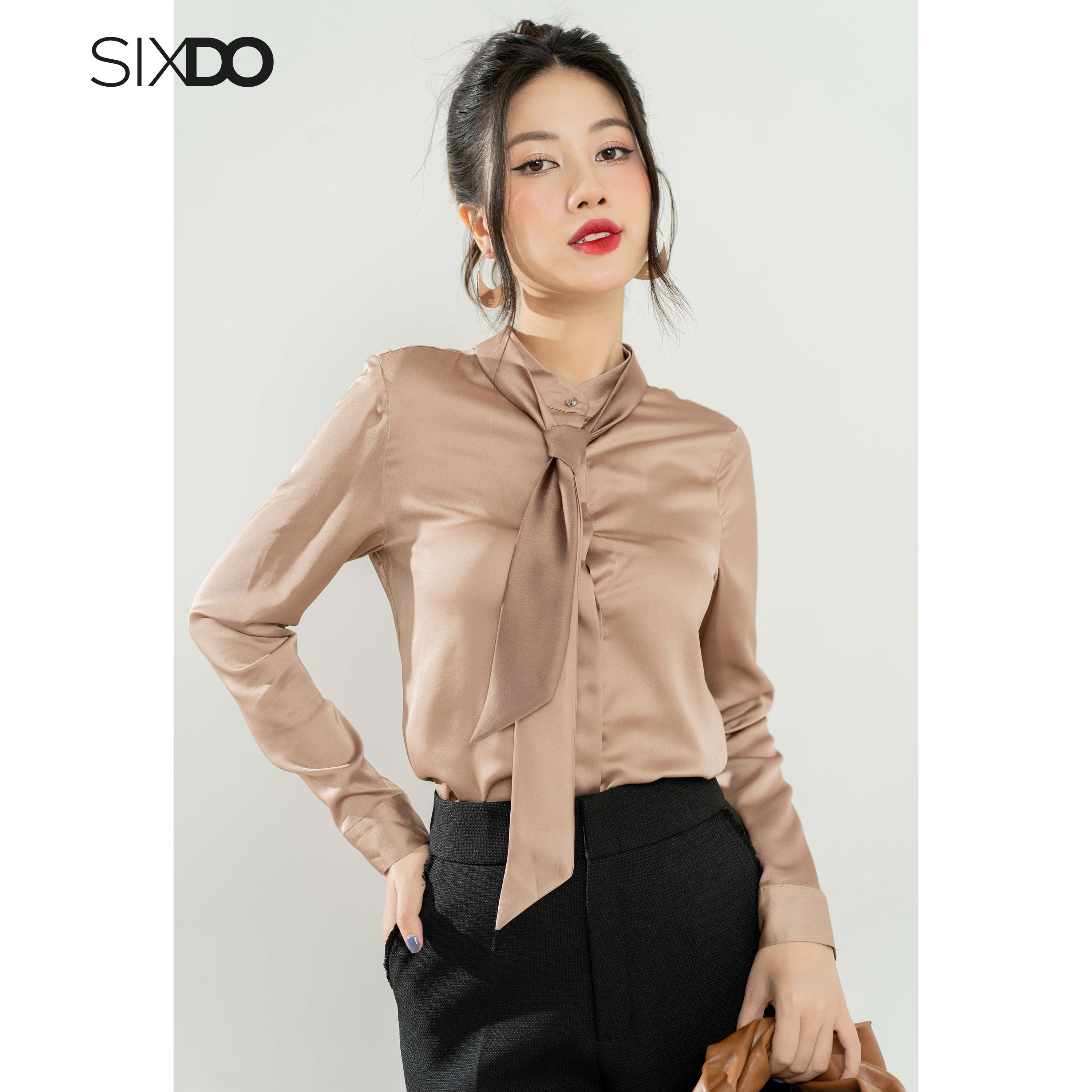 Áo sơ mi nữ cổ nơ SIXDO (Light Brown Long Sleeves Silk Shirt)