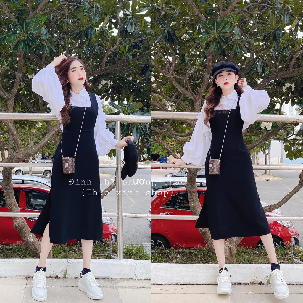 Váy yếm nữ kèm áo tay bồng đầm dự tiệc phong cách tiểu thư Hàn Quốc hai màu  trắng xanh thời trang có bigsize  Shopee Việt Nam