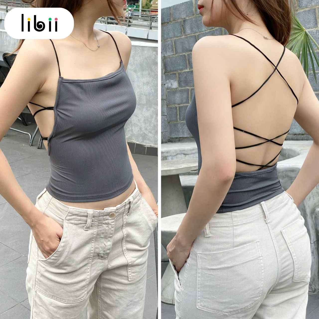 Áo 2 dây hở lưng dạng yếm LIBII có mút lưng đan dây cực xinh áo hai dây dáng dài ôm body tôn dáng vả