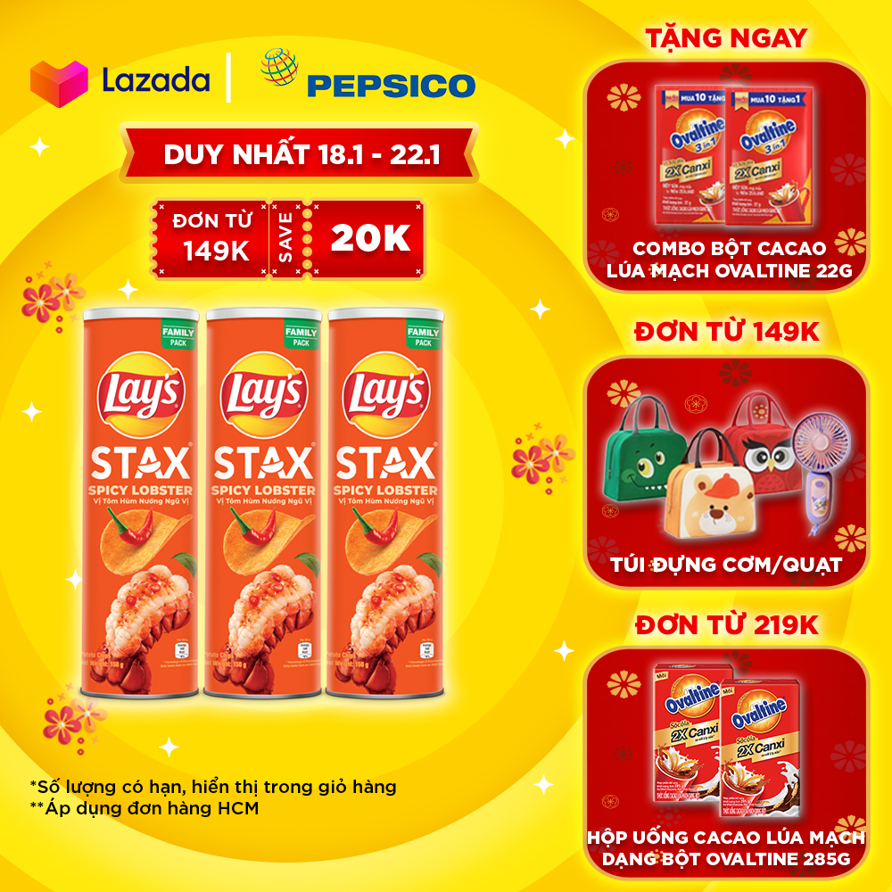 [Deal Tết 2025 tặng Ovaltine] Combo 3 Lays Stax Khoai Tây Miếng Vị Tôm Hùm Nướng Ngũ Vị 155G