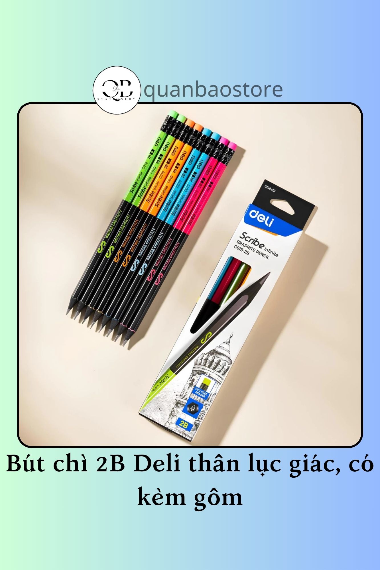Bút chì Deli C019-2B lục giác gỗ đen cao cấp có kèm tẩy.