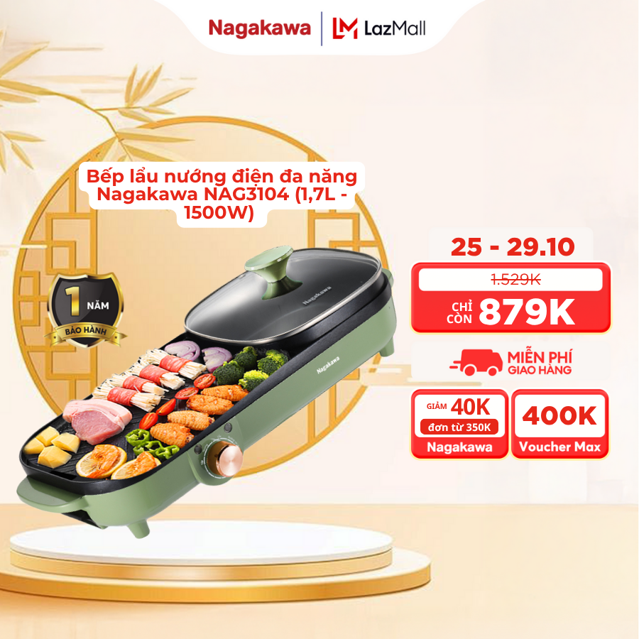 Bếp lẩu nướng điện đa năng Nagakawa NAG3104 - Bảo hành 12 tháng - Hàng chính hãng