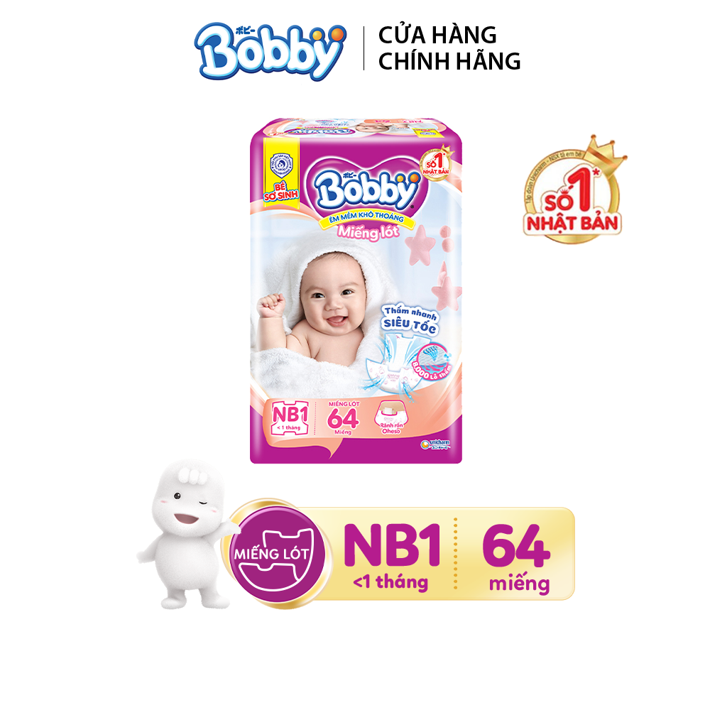 Miếng lót sơ sinh Bobby Newborn NB1 - 64 miếng - Siêu thấm khô thoáng [Bao bì thay đổi theo từng đợt