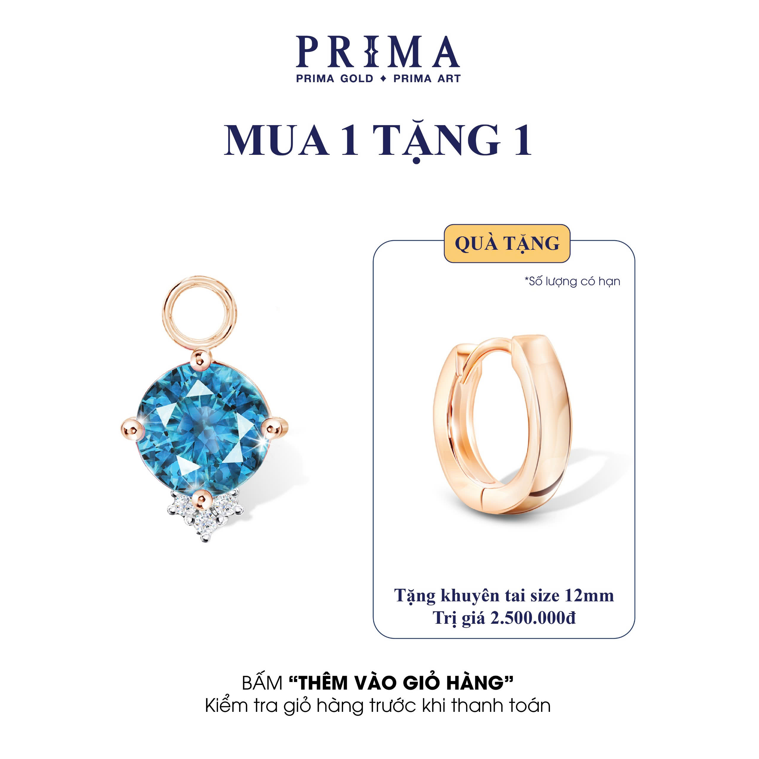 PRIMA Charm Bông Tai Vàng 9K - Kim Cương & Đá London Blue Topaz (1 Chiếc) - BST HUGGIE