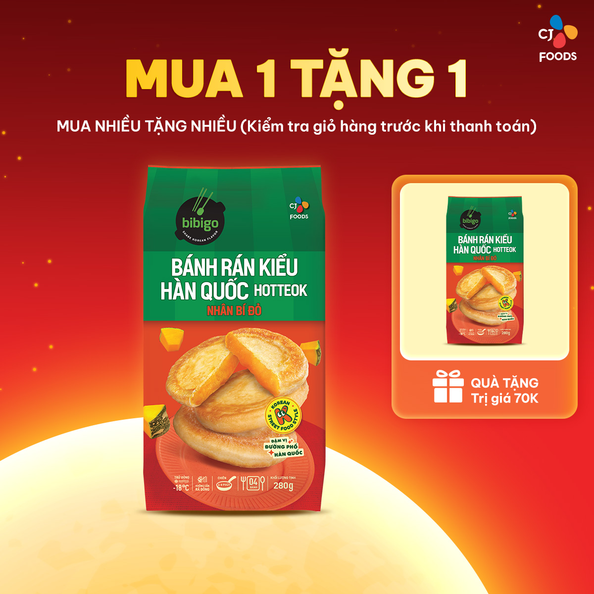 [HCM-HN] Bánh rán Hàn Quốc Hotteok bibigo - nhân Bí Đỏ/ Phô mai Mozzarella/ Phô mai tan chảy Cheese 