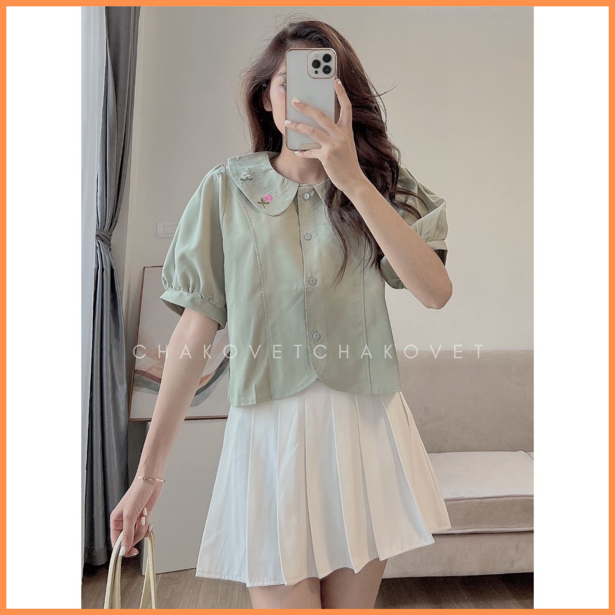 Áo sơ mi nữ cổ thêu hoa Áo tiểu thư bánh bèo dáng ngắn tay phồng thêu hoa thật phong cách Hàn Quốc t