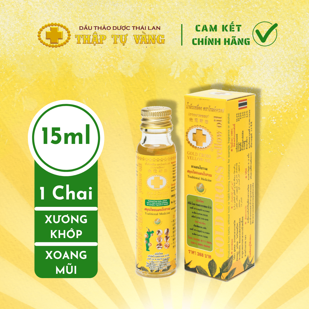 Dầu Thập Tự Vàng Thái Lan: Loại Trung 15Ml *** Đau Nhức - Khánh Viêm - Tan Bầm Tím *** [ Chính Hãng Gold Cross Yellow Oil Thailand]