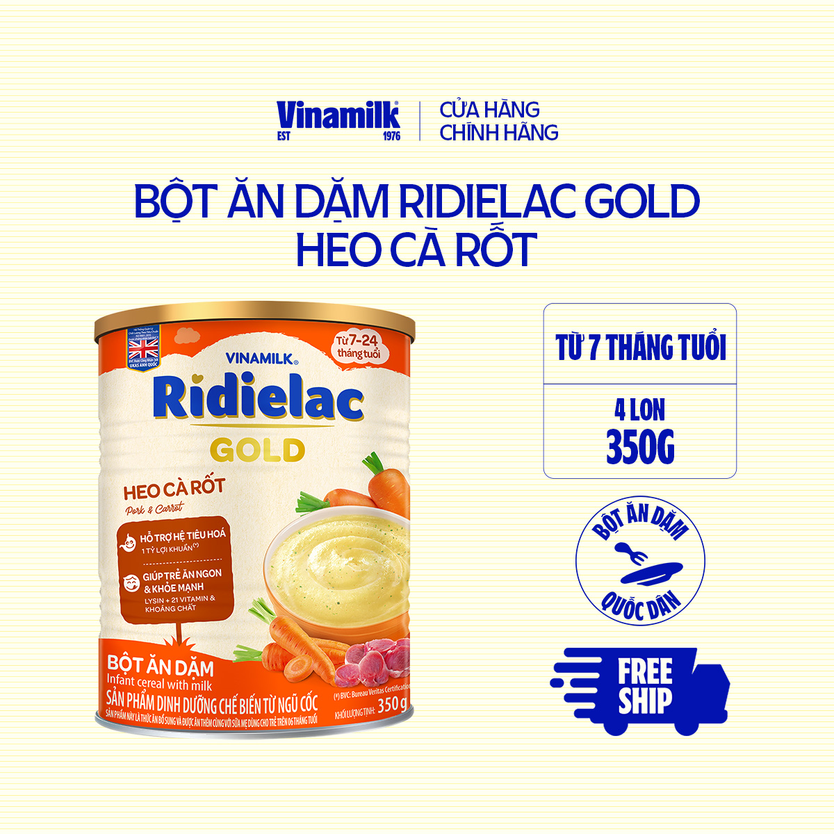 4 Hộp Bột Ăn Dặm Ridielac Gold Heo Cà Rốt - Hộp Thiếc 350g