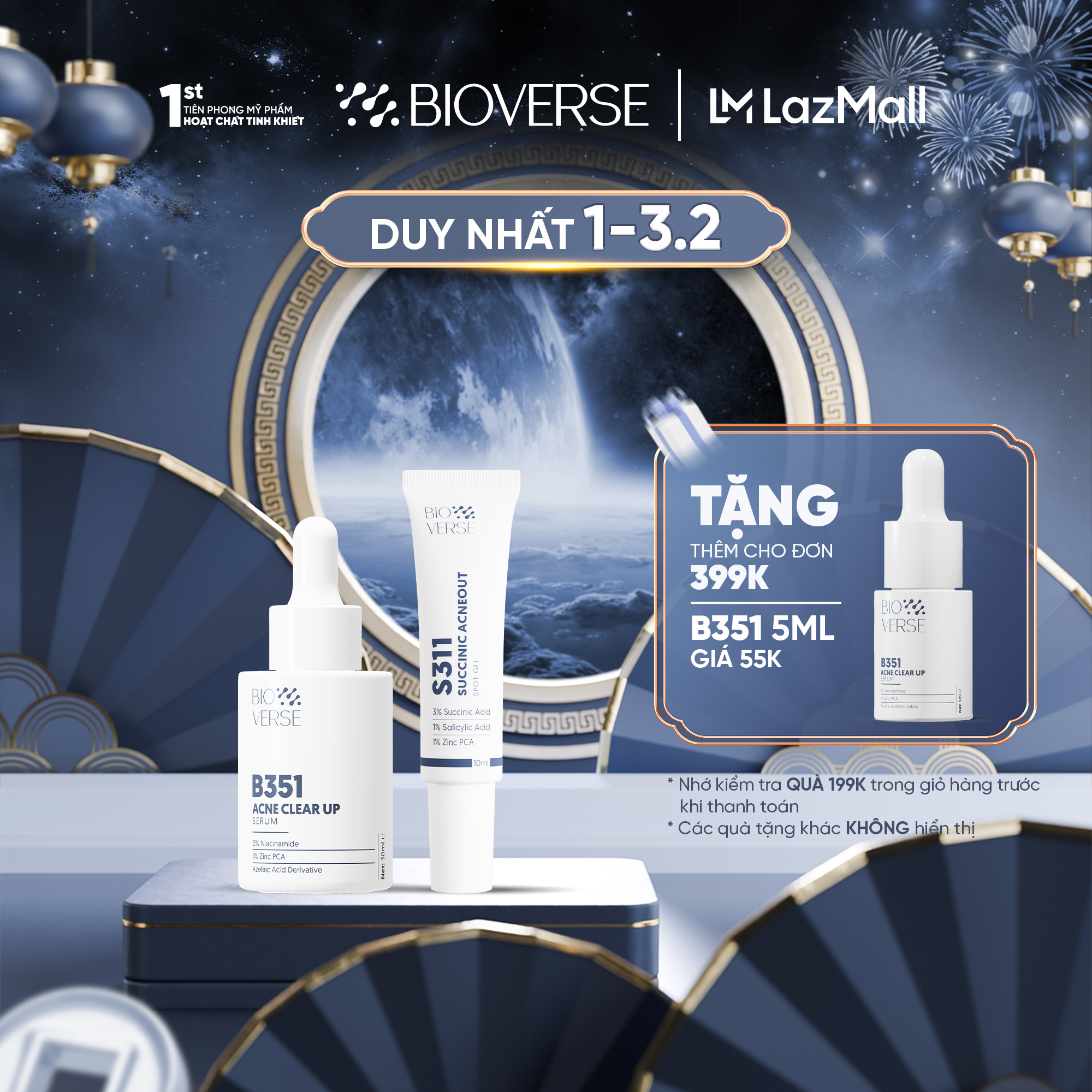 Bioverse Bộ Đôi Tinh chất B351 Acne Clear Up 30ml Và Gel Chấm Mụn S311 Succinic Acneout 10ml Hỗ Trợ 