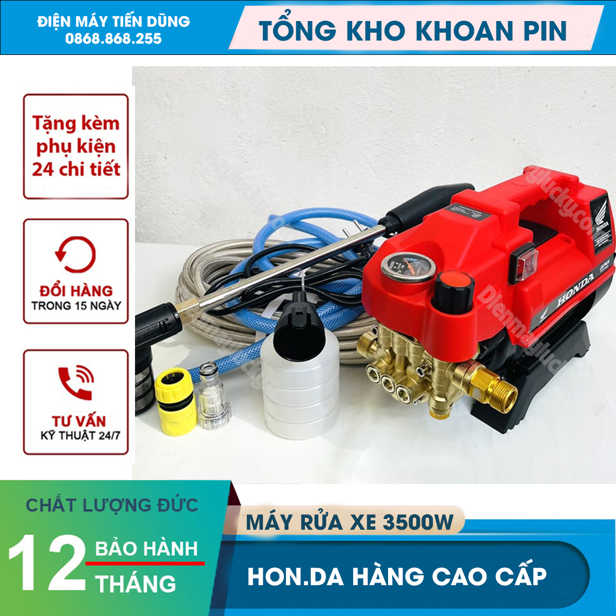 Máy Rửa Xe Mini Máy rửa gia đình áp lực cao HON.DA 3500w cầm tay có chỉnh áp - Bảo hành 12 tháng